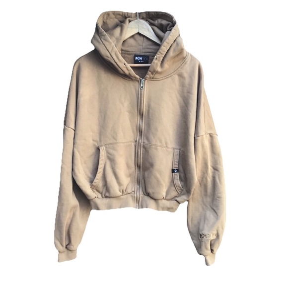 POPFLEX Tops - POPFLEX Women's S/M Cropped Oversized Zip Up Hoodie Tan Beige Missing Drawstring